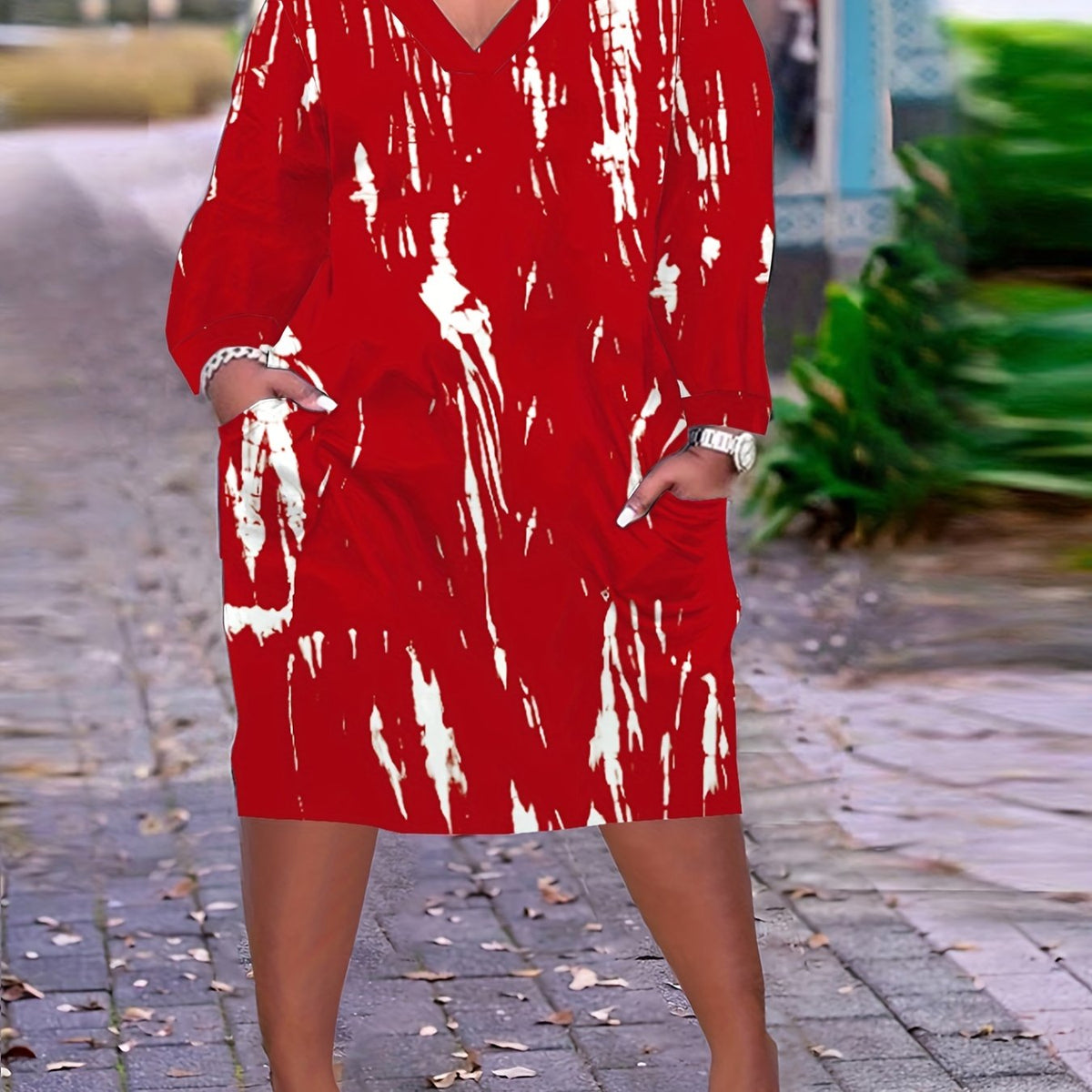  Tie Dye Long Sleeve V Neck Midi Dress