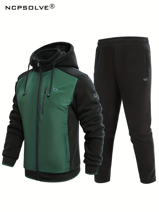 Men's Green Zip Up Hooded Jacket & Stretch Pants Sports Suit