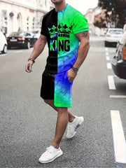 2pcs Men's Block & King Print T-shirt & Stretch Shorts for Outdoor