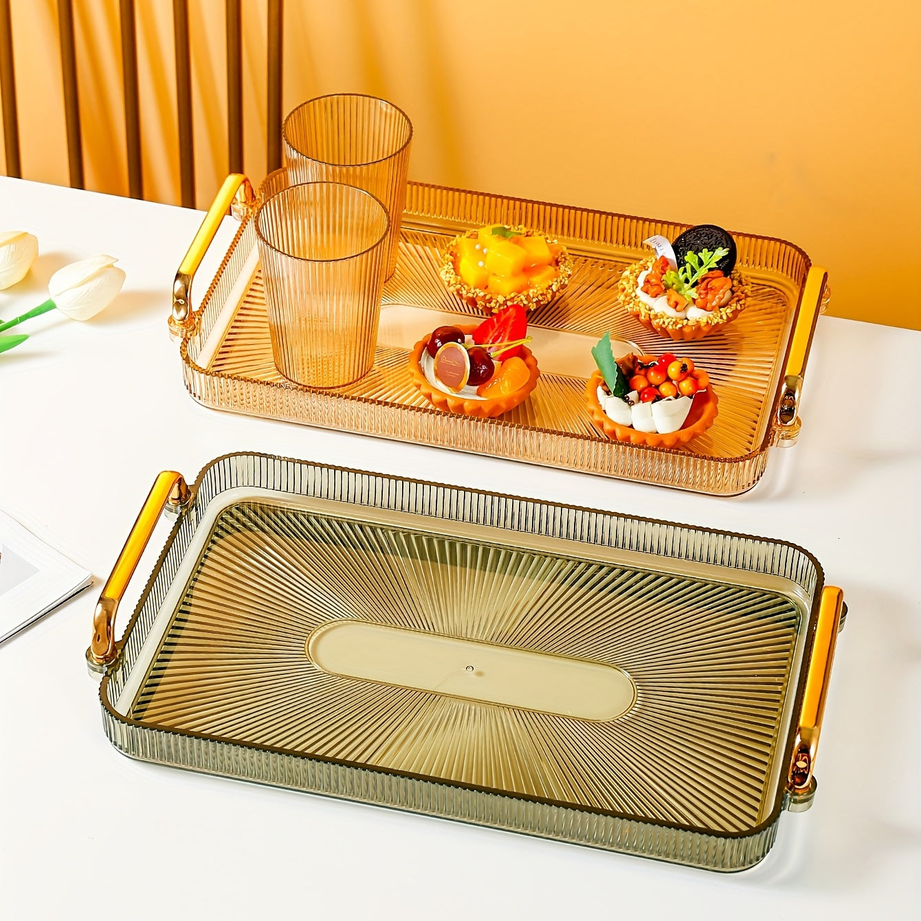 Rectangular Tray Double Handles Tea Cup Holder Home Decor