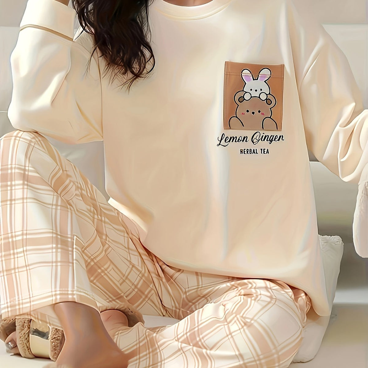 Cartoon Animal Print Pajama Set Long Sleeve Crew Neck Top & Plaid Pants