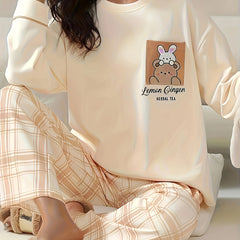 Cartoon Animal Print Pajama Set Long Sleeve Crew Neck Top & Plaid Pants