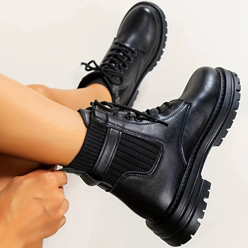 Women's Velvet Combat Boots Lace Up Round Toe High Platform