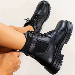 Women's Velvet Combat Boots Lace Up Round Toe High Platform