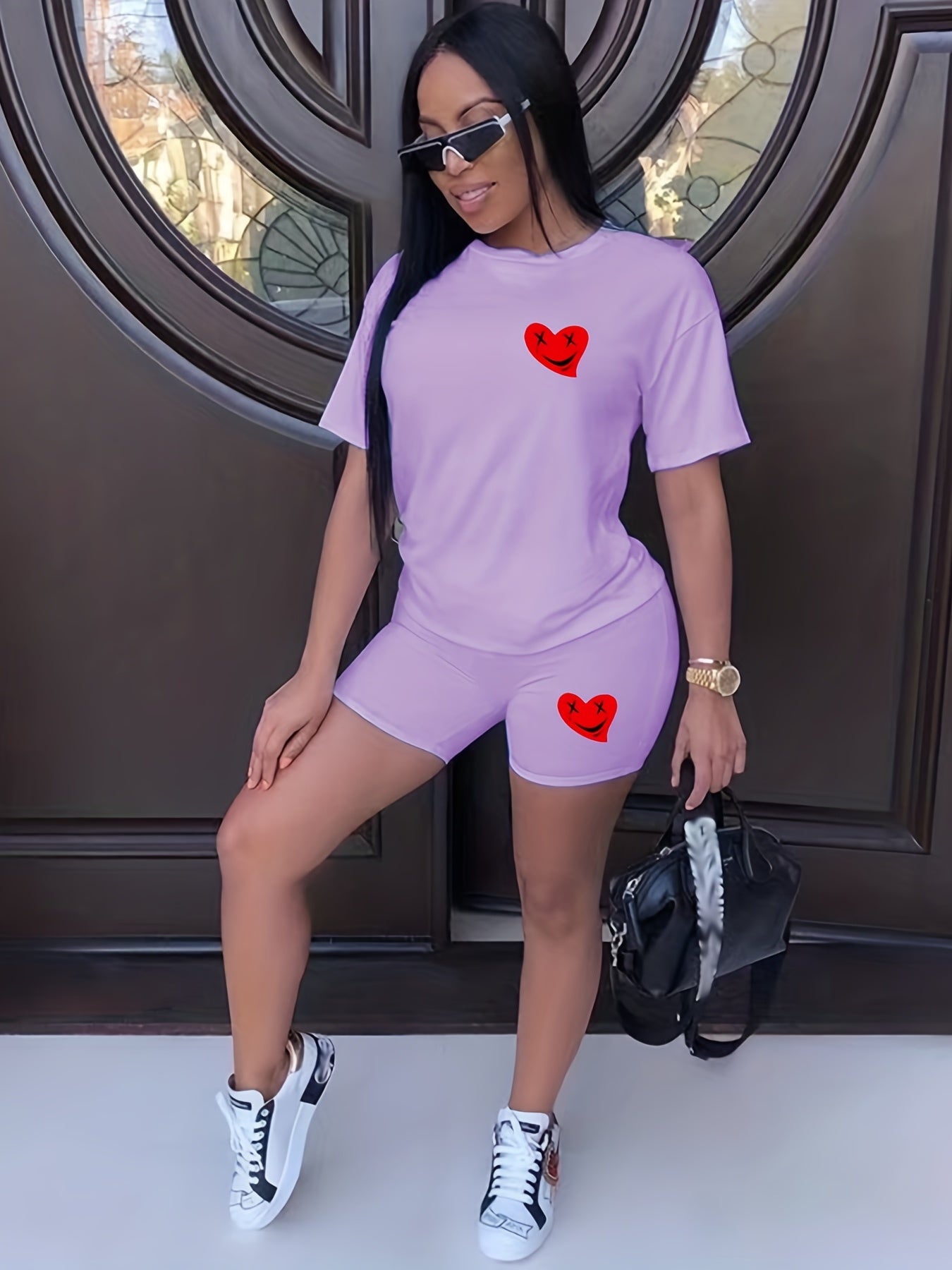 Heart Print Two piece Set Casual T shirt & Sporty Short