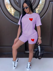 Heart Print Two piece Set Casual T shirt & Sporty Short