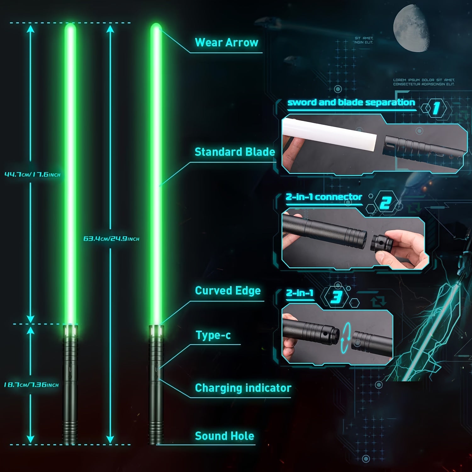 RGB LED Light Saber 15 Colors w/ Battle Sound Clash Effects USB Rechargeable