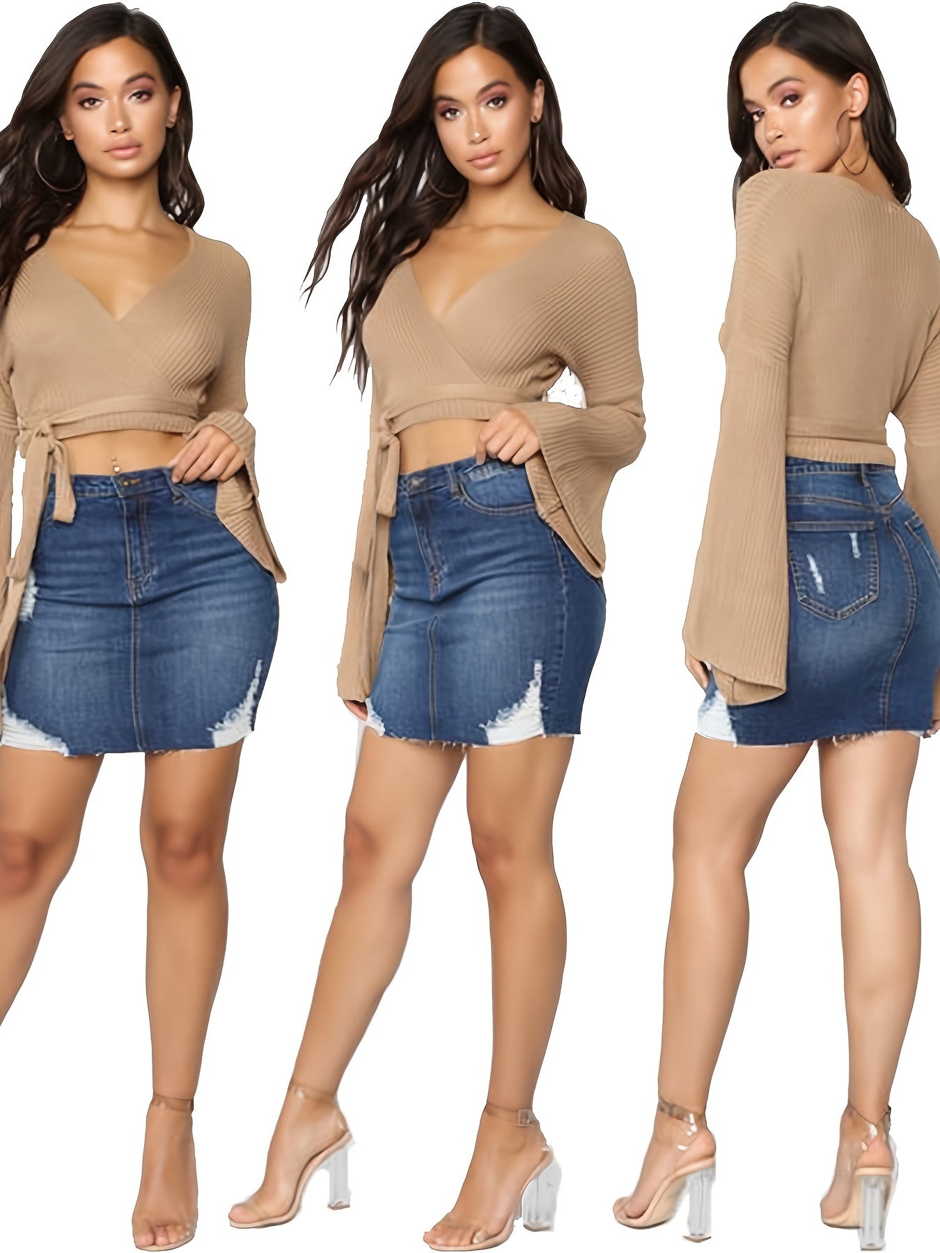 Slim Fit Ripped Holes Denim Mini Skirt