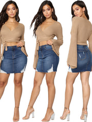 Slim Fit Ripped Holes Denim Mini Skirt