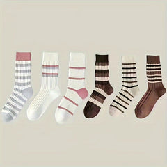 6 Pairs Colorblock Striped Socks Mid Tube Women's Stockings