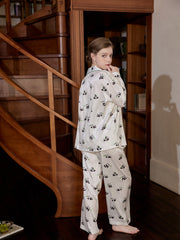 Panda Print Pajama Set Long Sleeve Top & Pants Women's Sleepwear