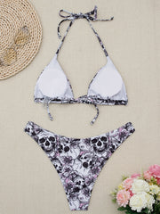 Skull & Floral Bikini Set V Neck High Cut Swimsuit