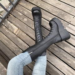 Women's Platform Wedge Heeled Mid Calf Boots Lace Up Punk Style