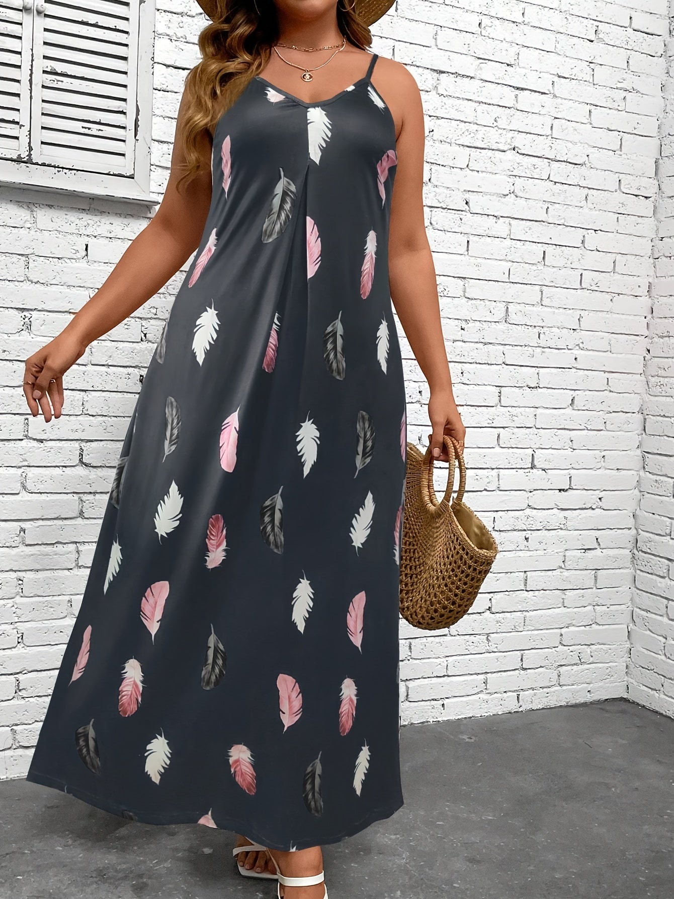  Feather Print Maxi Cami Dress