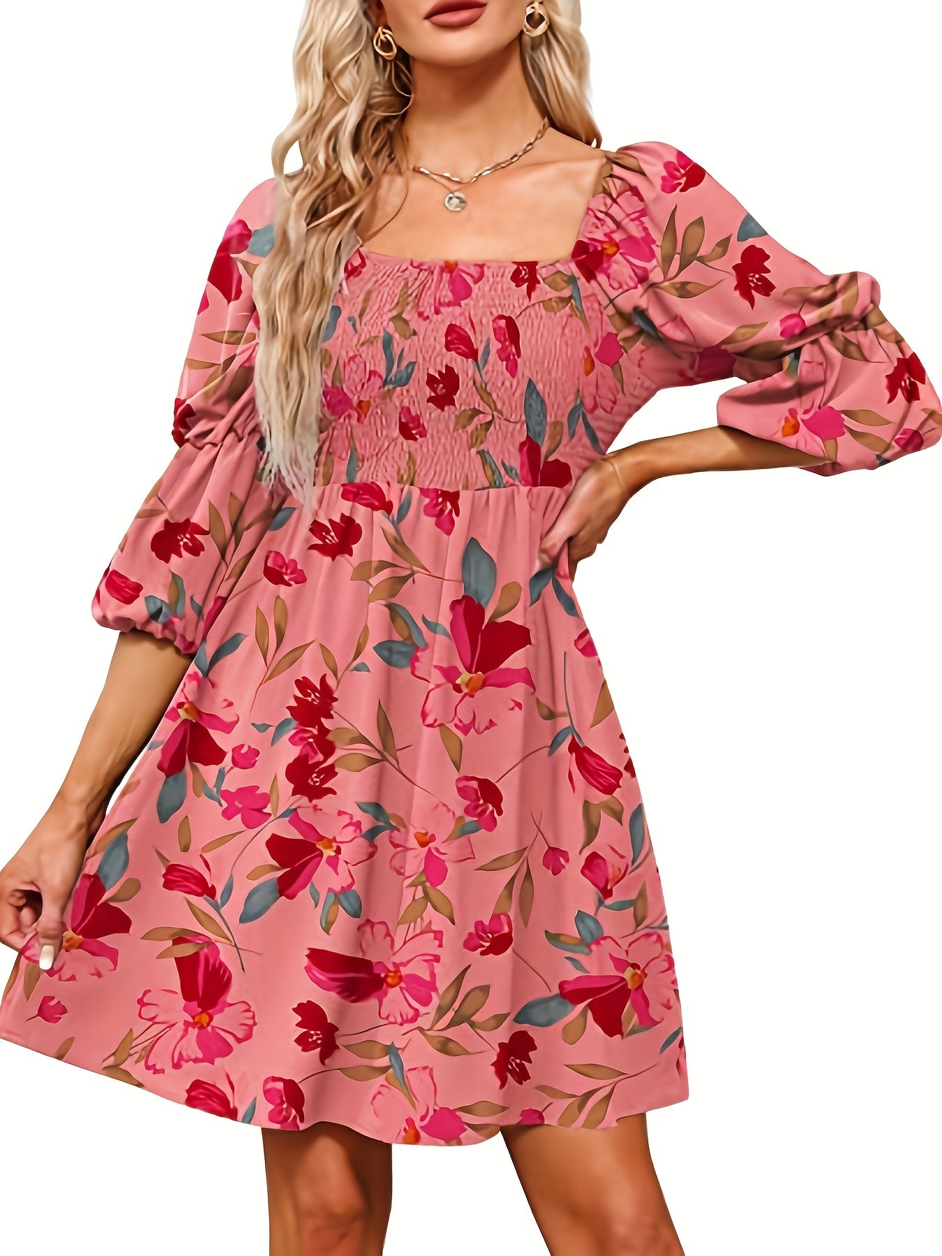 Floral Print Shirred Square Neck Dress Casual Three quarter Sleeve Dress