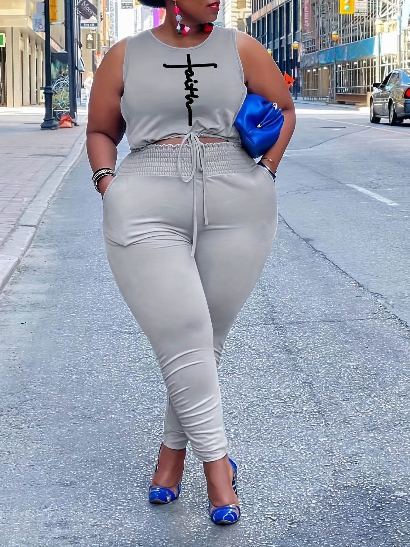 Plus Cross Print Drawstring Crop Tank & Leggings Outfit