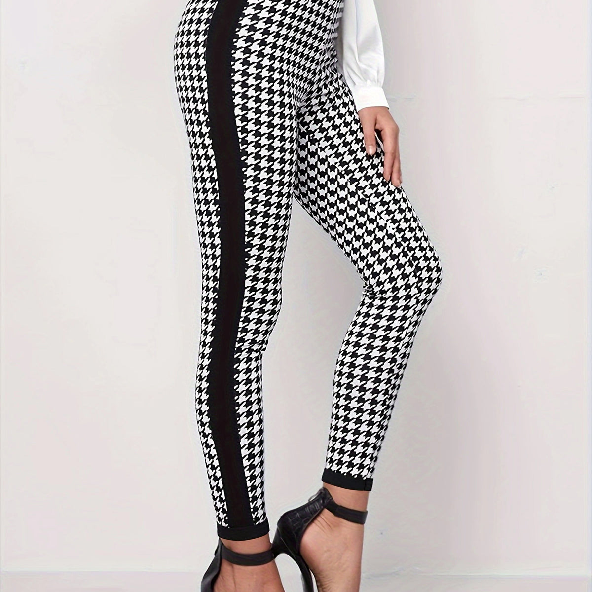 Houndstooth & Striped Print Leggings Medium Stretch Slim Fit