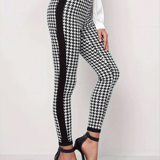  Houndstooth & Striped Print Leggings Medium Stretch Slim Fit