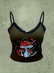  Sexy Cami Top Mushroom Print Contrast Lace Trim V Neck Slight Stretch