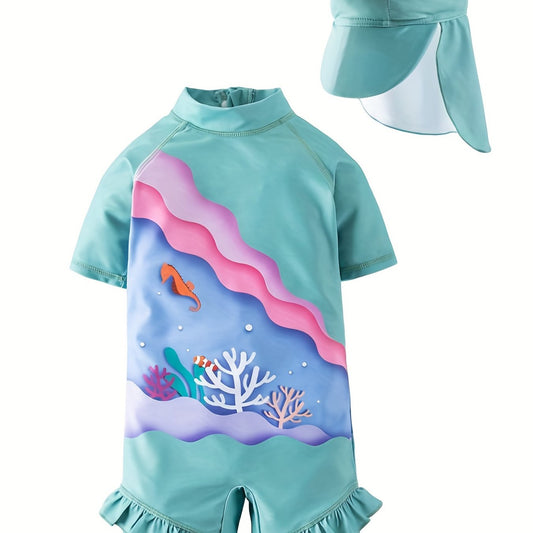 Girls Cartoon One Piece Romper Swimsuit with Hat