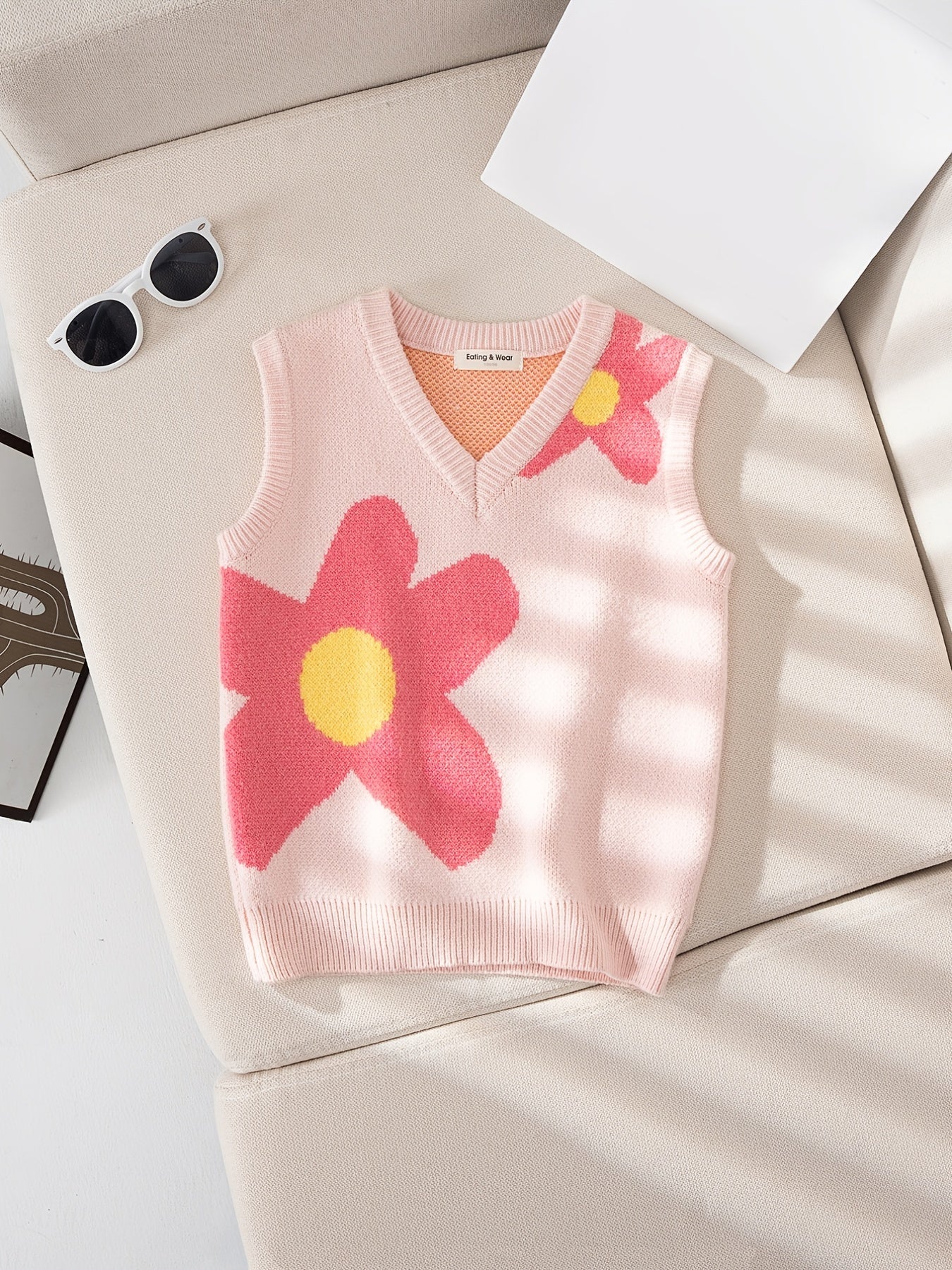 Girls Casual Floral Print V neck Sweater Vest