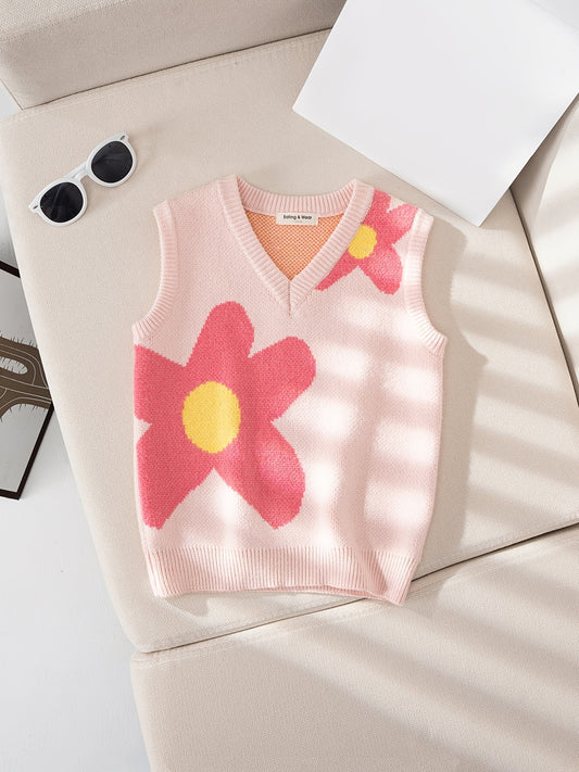 Girls Casual Floral Print V neck Sweater Vest