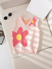 Girls Casual Floral Print V neck Sweater Vest