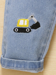 Boys Cartoon Excavator Embroidered Denim Long Pants