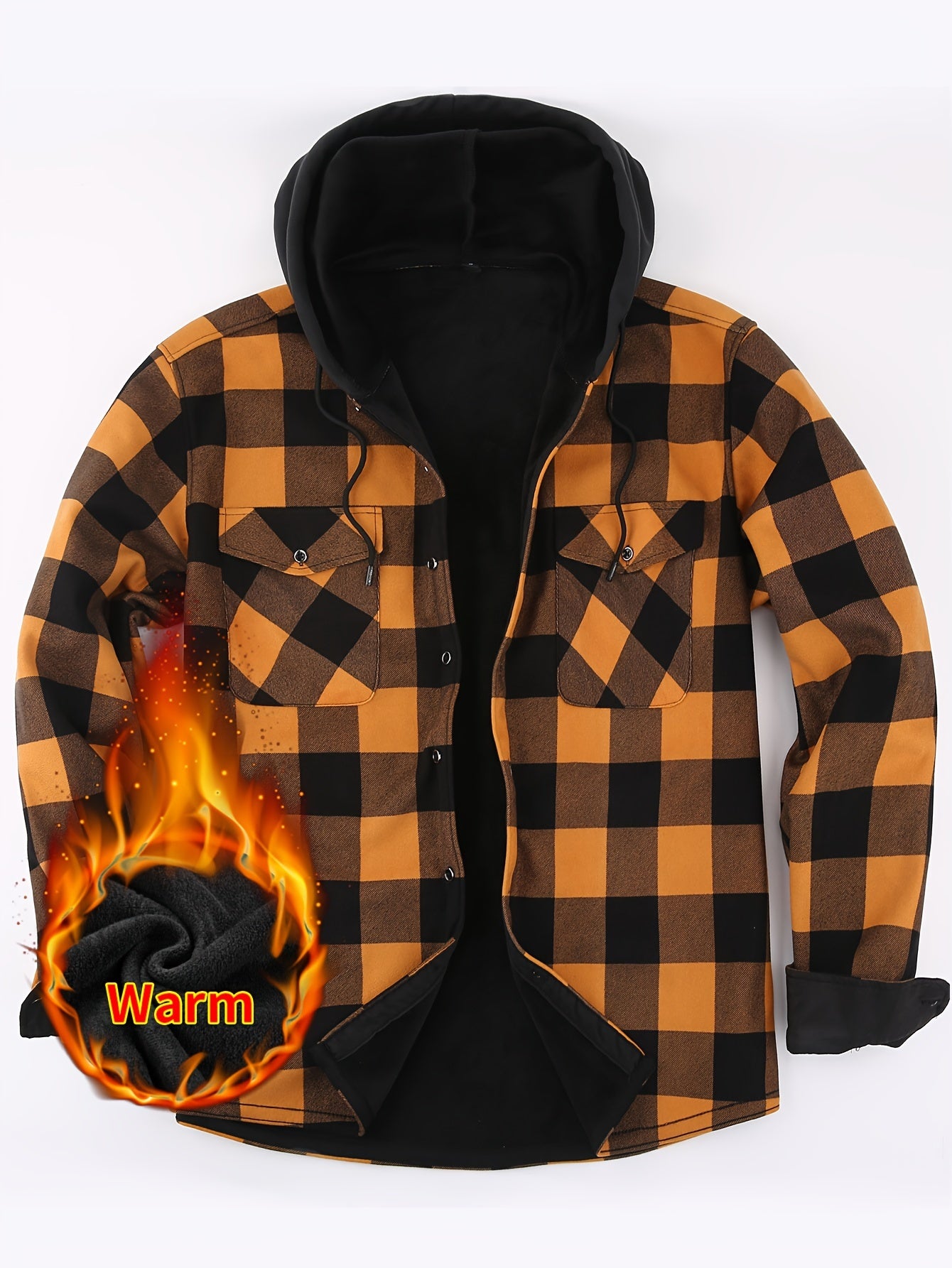 Men's Fleece Plaid Hooded Long Sleeve Shirt Jacket Autumn Winter