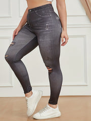 Faux Denim Floral Leggings High Waist Yoga Pants