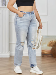 Solid Ripped Button Fly High Rise Stretch Straight Leg Jeans