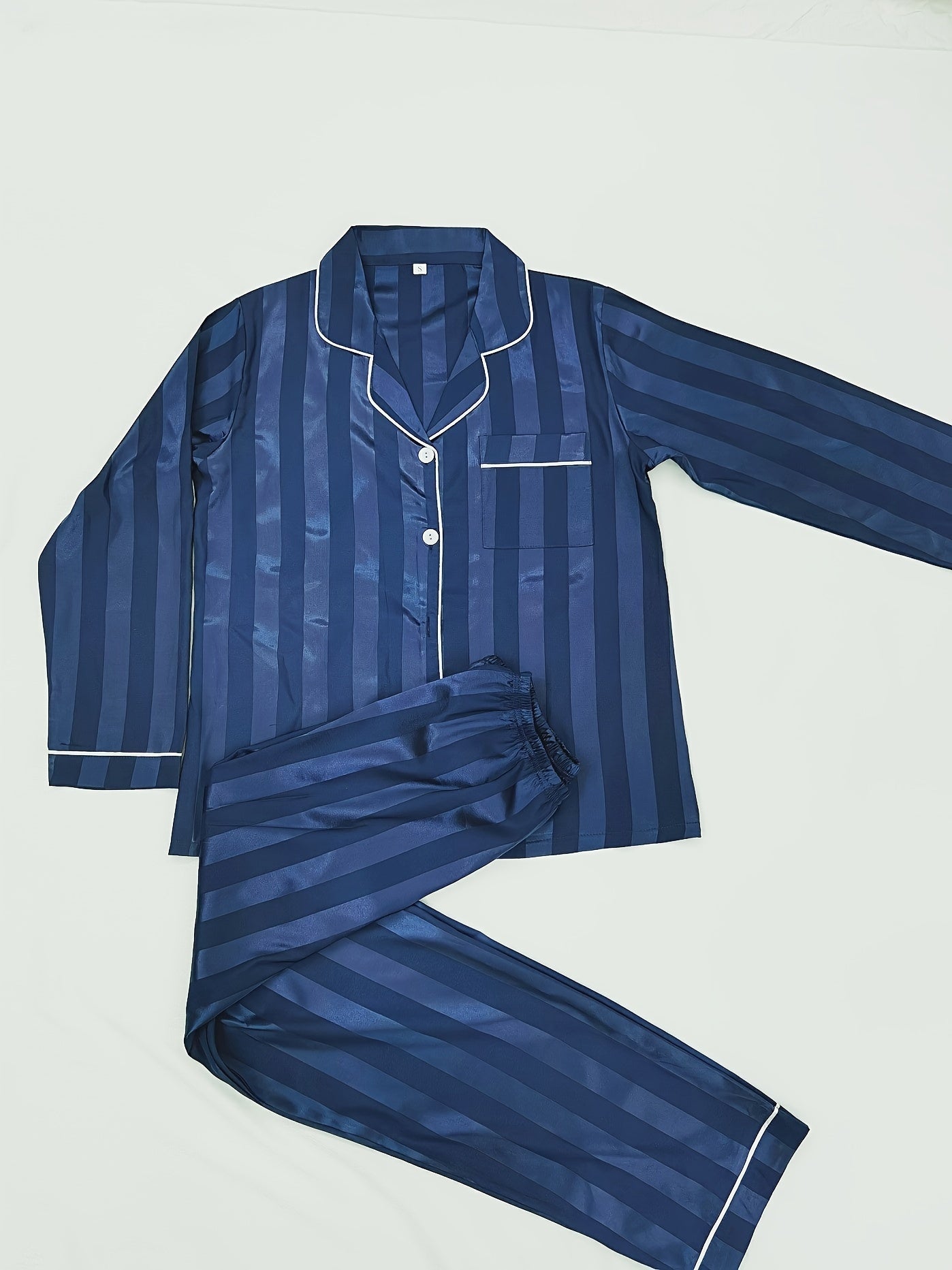 Striped Satin Pajama Set Long Sleeve Buttons Top & Elastic Waistband