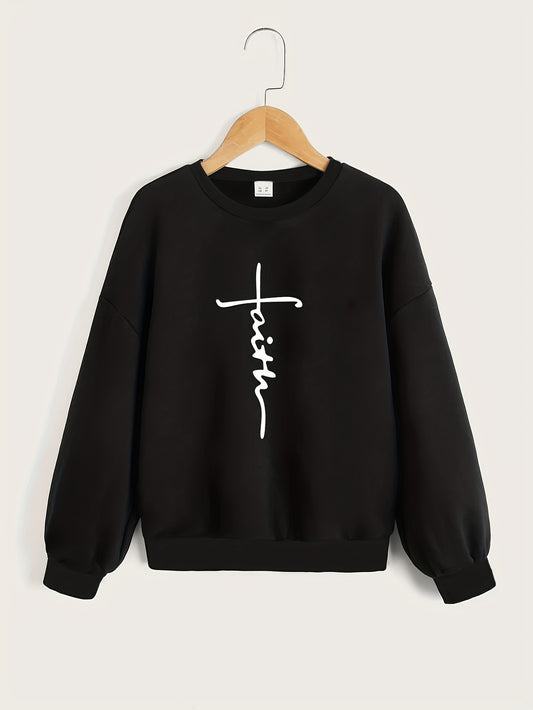 Girls' Top 'Faith' Letter Print Crew Neck Sweatshirt