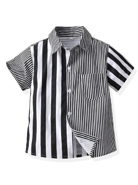 Toddler Boys Striped Graphic Button Pocket Casual Short Sleeve Spliced Shirt Top