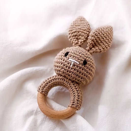 Handcrafted Rabbit Rattle Toy with Beechwood Handle