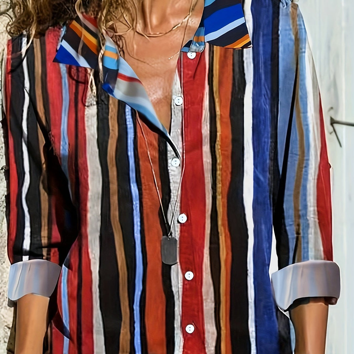  Colorblock Stripe Print Button Up Blouse