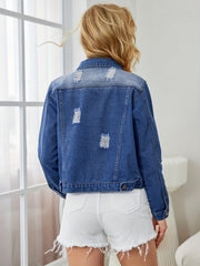 Ripped Holes Denim Jacket Non Stretch Lapel Denim Coat Women's Clothing