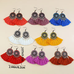 Bohemian Style Fan Shaped Tassel Earrings with Rhinestones
