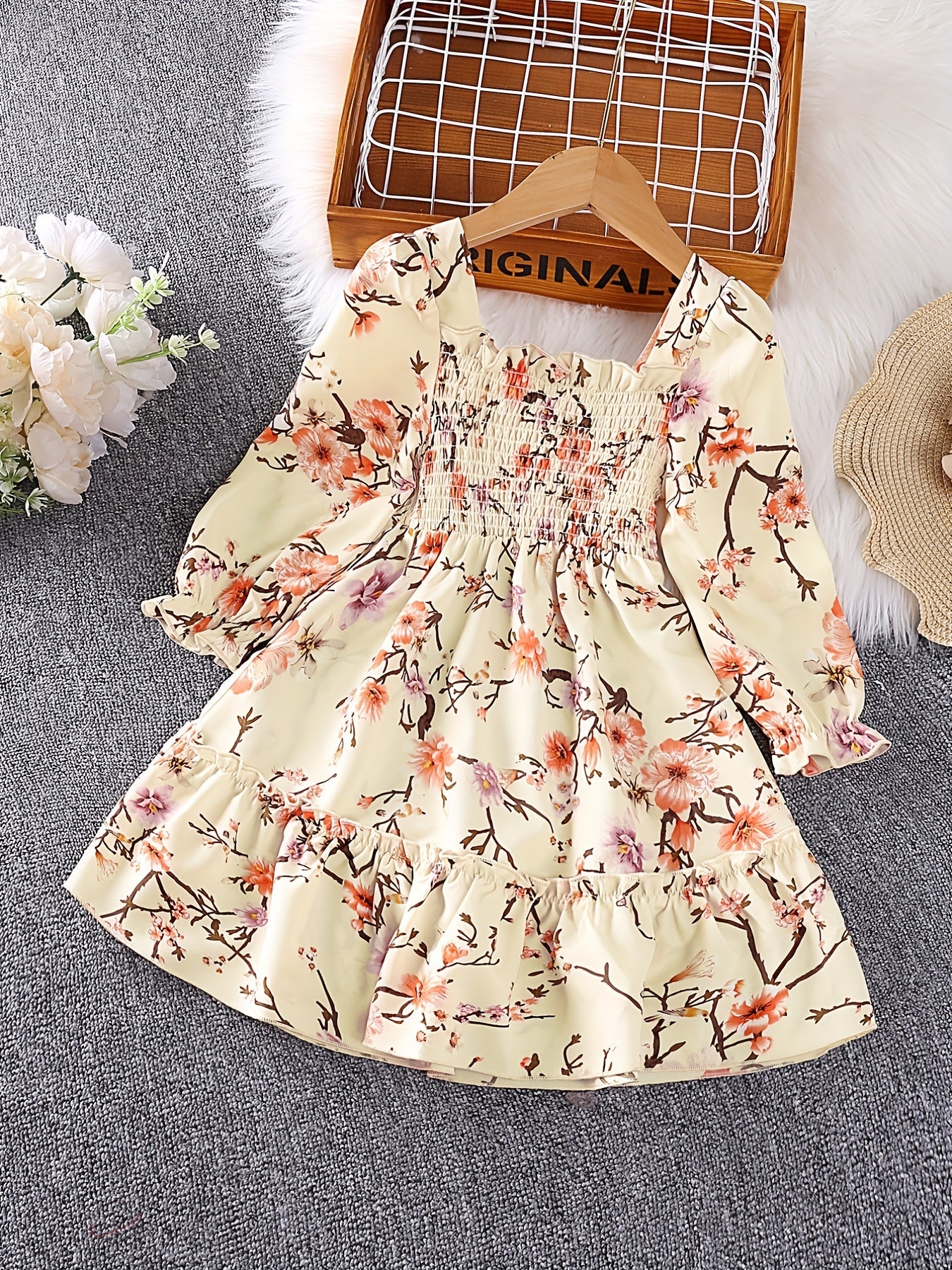 Girls' Smocked Long Sleeve Dress w/ Flower Print
