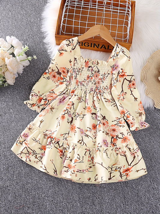 Girls' Smocked Long Sleeve Dress w/ Flower Print