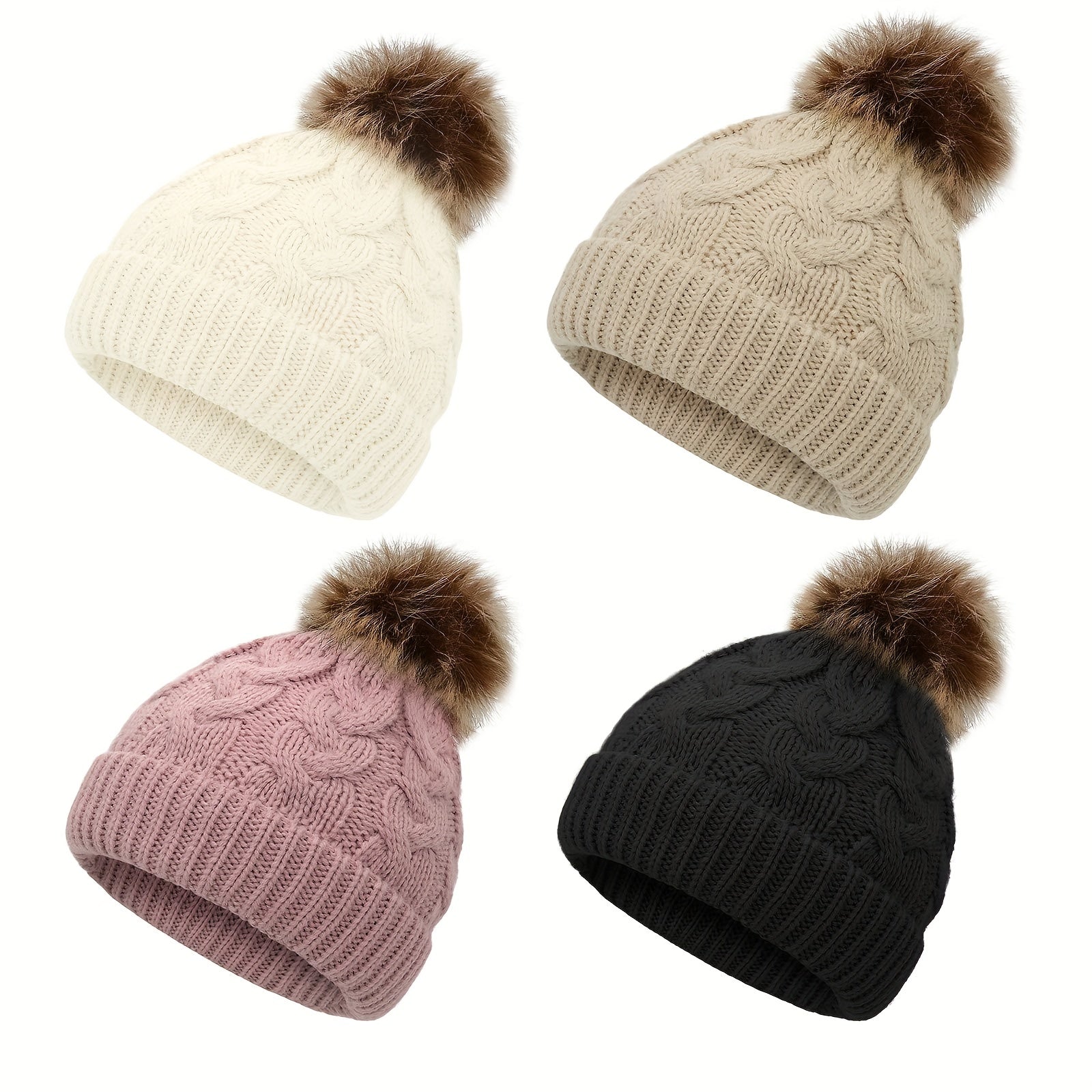 4 Pack Kids Winter Hats Beanie with Faux Fur Pom
