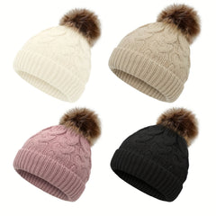 4 Pack Kids Winter Hats Beanie with Faux Fur Pom