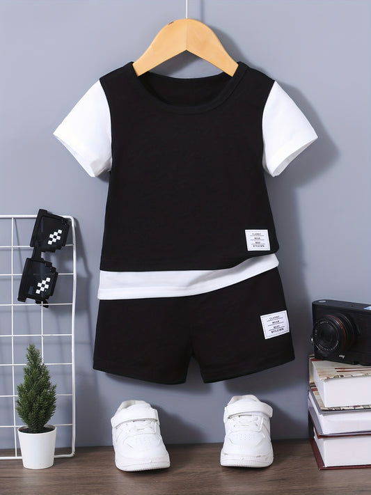 Boy's Contrast Casual Outfit Short Sleeve T shirt & Shorts