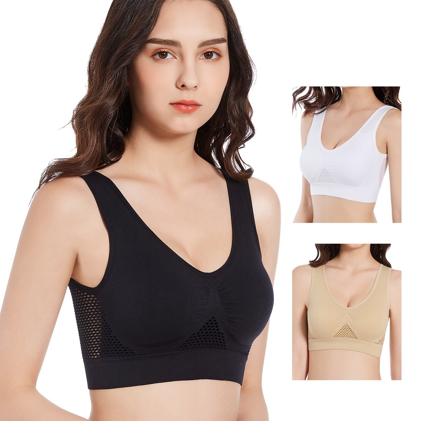 3 Pcs Mesh Sports Bra Seamless V-Neck Sexy Cropped Tops Women's Activewear