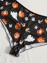  Ghost & Pumpkin Print Ruffle Trim Bra & Panty Set