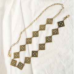 Geometric Flower Carved Waist Chain Turquoise Inlay Vintage Square Chain