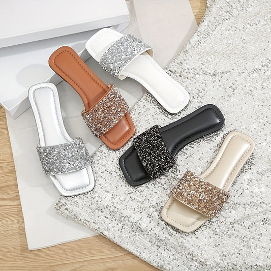 Sequins Flat Slippers Glitter Open Toe Non slip Casual Square Toe Slippers