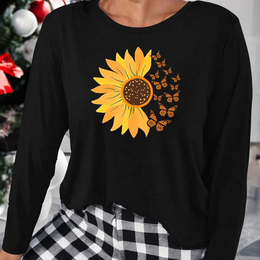  Butterfly Sunflower Print Lounge Top Long Sleeve Tee