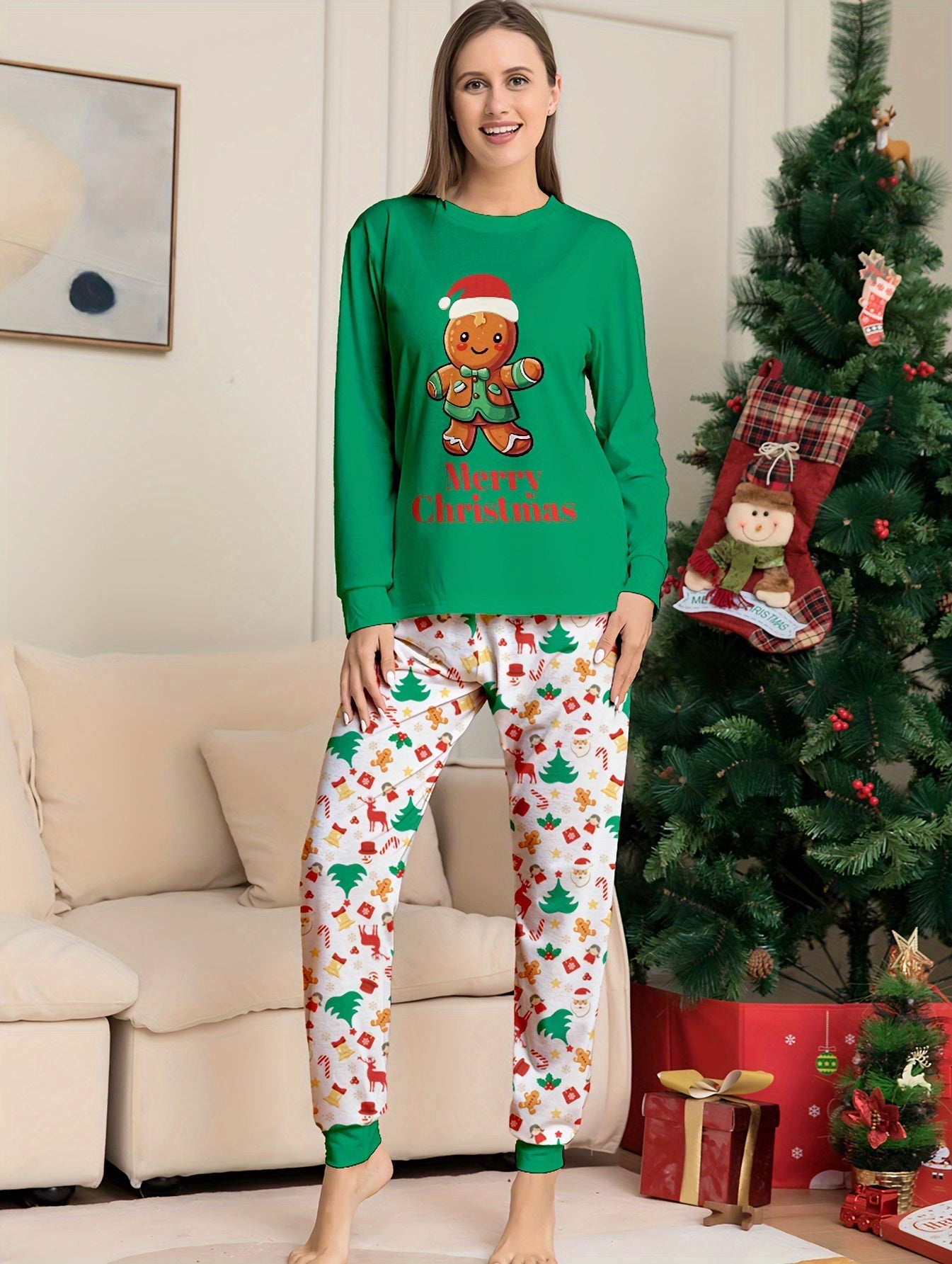 Christmas Print Pajama Set Long Sleeve Crew Neck Top & Elastic Waistband Pants
