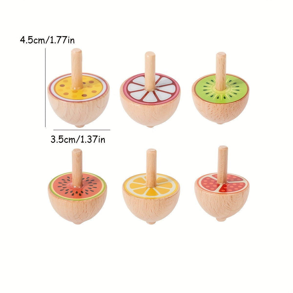 6pcs Wooden Spinning Top Toys Cartoon Fruit Animal Theme Patterns Classic Game